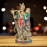 Brass Radha Krishna idol with stone work (8.5 in): Krishna flute, Radha holds close.
