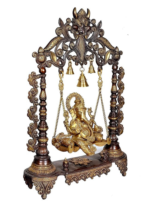 Brass Ganesha on a Swing with Three Bell Holding Brass Chain Kirtimukha Height 26 Inches