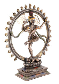 Lord Nataraj Figur in Kupfer-Polyresin, tanzende Pose, Flammenkranz im Rundrahmen