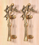 Brass door handles pair shaped like a tree with perched parrots, gold-tone pulls