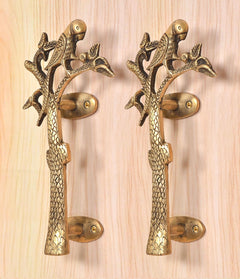 Brass door handles pair shaped like a tree with perched parrots, gold-tone pulls