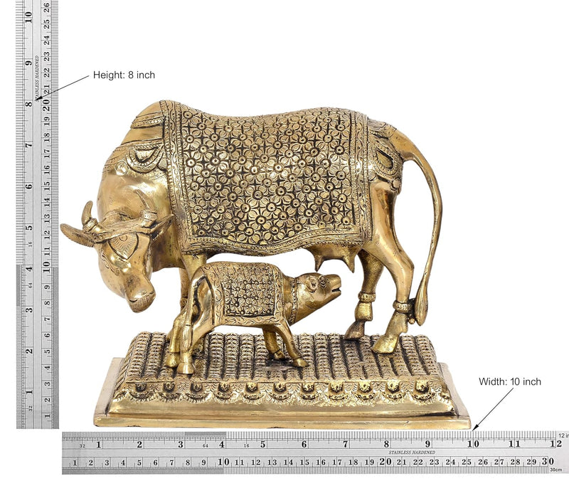 Brass Kamdhenu Cow with Calf for Home Decor Pooja Mandir Pooja Temple Office Decorative Showpiece Statue (Height: 8 Inch)