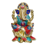 Brass Ganesha idol with multicolour stone finishing, seated, four arms