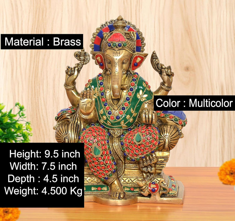 Brass Ganesha Statue Sitting On Singhasan (Height 9.5 Inch)