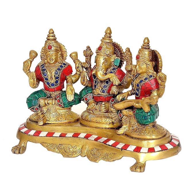 Brass Lakshmi Ganesh Saraswati Statue (Height: 6.5 inches)