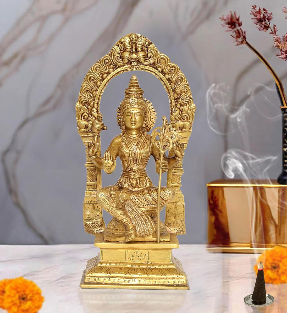 Brass Rajarajeshvari idol, seated Tripura Sundari with ornate halo, front view