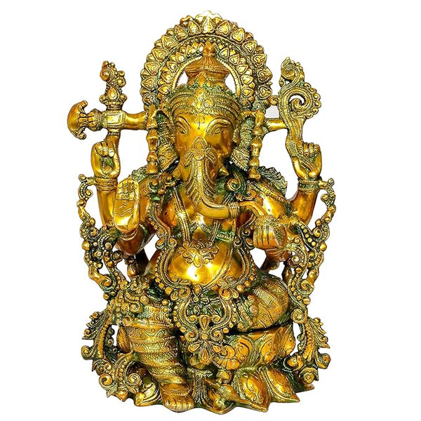 Brass Lord Ganesha Ganpati Idol Vinayak Religious Statue Murti (Height 15.5 Inch) Entryway Setting