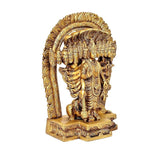 Back/side view golden brass Vishnu Dasavatara idol with arched backdrop and base