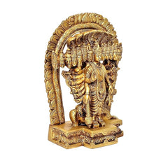 Back/side view golden brass Vishnu Dasavatara idol with arched backdrop and base