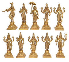 Golden Brass Dasavatharam Vishnu avatar murtis, ten figures with raised arms