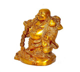 Brass laughing Buddha statue, side view with smiling face and detailed draped robe