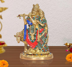 Brass Radha Krishna with Cow Idol Statue for Home Decor and Pooja Mandir Temple Office Decor (Height 9.5 Inch)