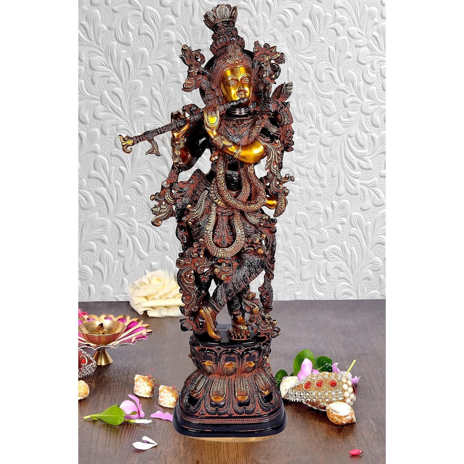 AONA Brass Lord Krishna Idol Statue Sculpture Showpiece for Home Office Temple Decor Multicolour Height 29 Inches