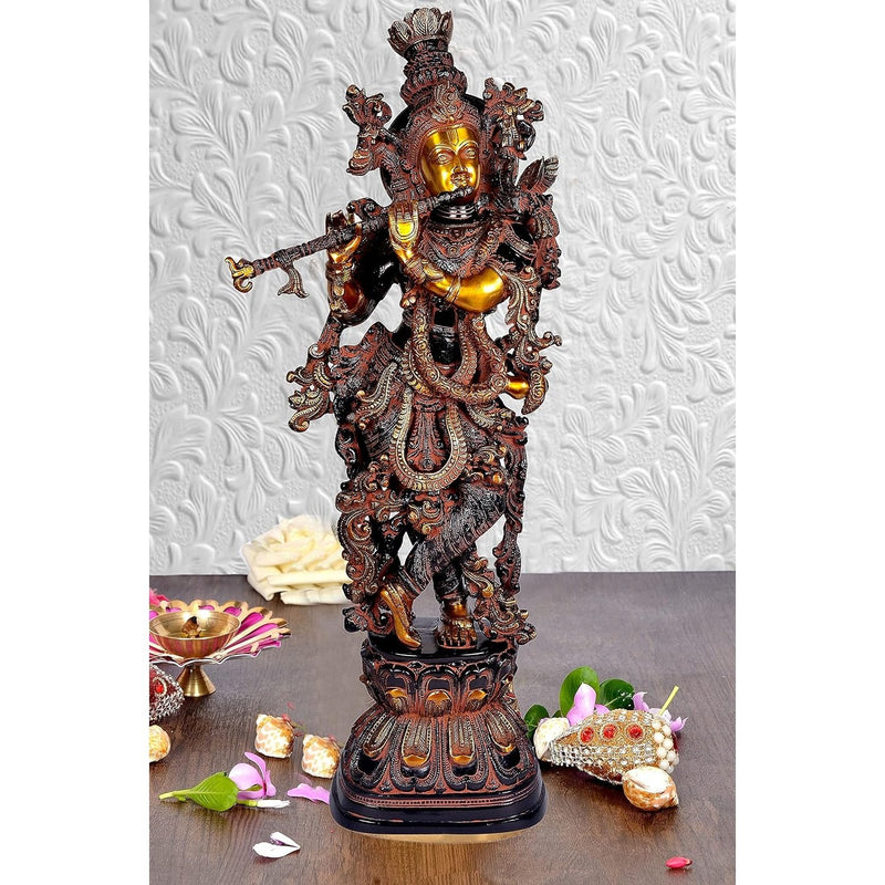 AONA Brass Lord Krishna Idol Statue Sculpture Showpiece for Home Office Temple Decor Multicolour Height 29 Inches