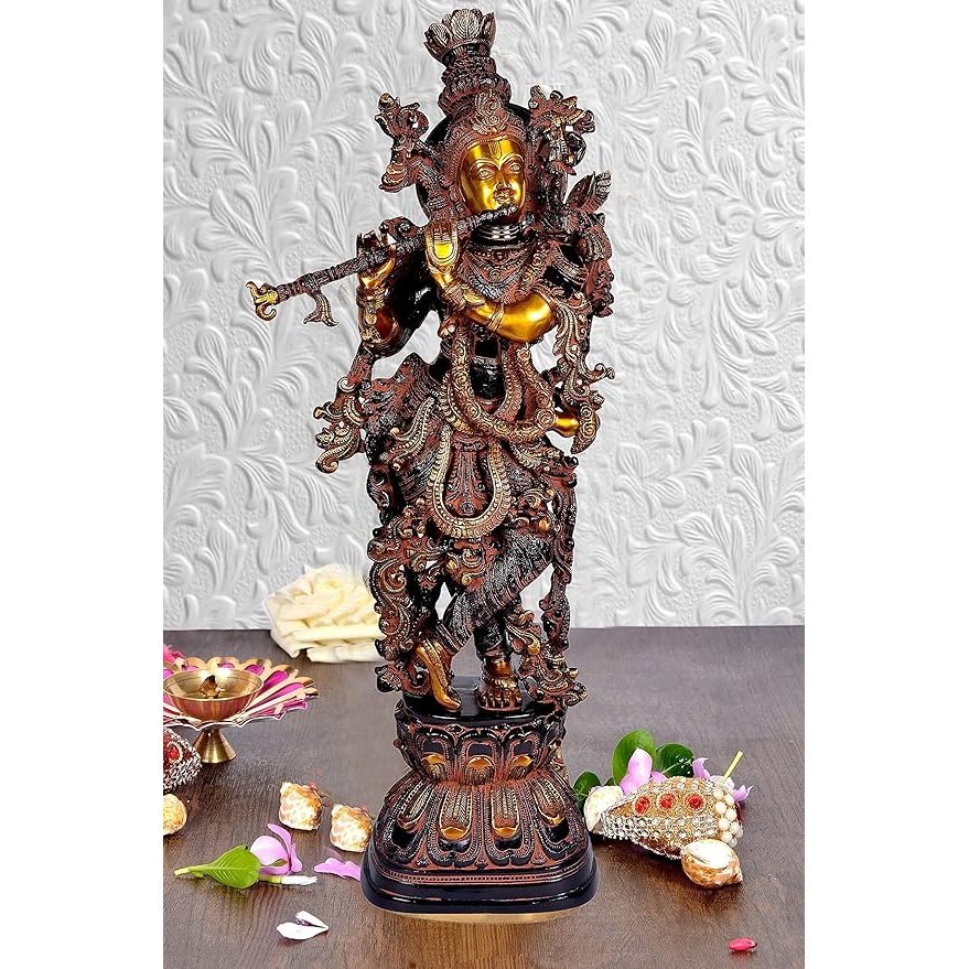 AONA brass Krishna idol with multiple arms, ornate crown, jeweled accents on base