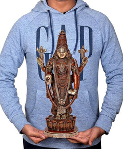 AONA Tirupati Balaji brass idol on base, held by person, multicolour