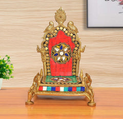 Brass pooja chowki with red arch panel, gold deity frame, multicolor accents, 8-inch