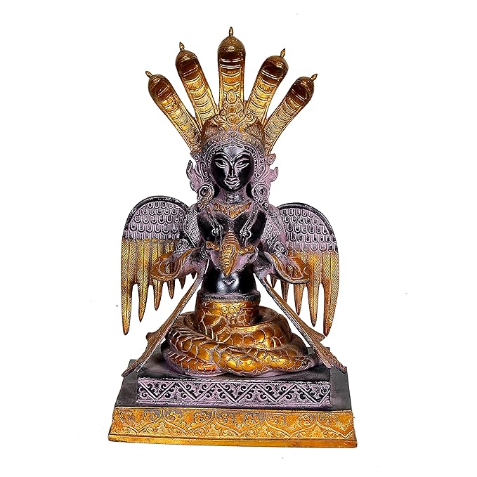Brass Naag Kanya statue idol: seated deity with cobra hood and serpent motif, 12.5 in