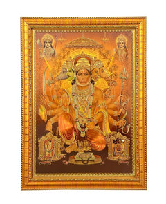 Front view of PanchMukhi Hanuman framed wall decor with detailed golden border