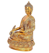 Messing-Buddha sitzend, goldfarben, Seitenansicht mit Handgesten und reich graviertem Gewand