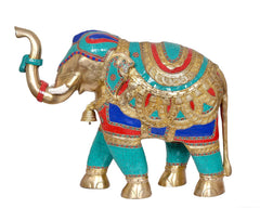 Brass elephant decor figurine front view, teal legs with gold and red trim