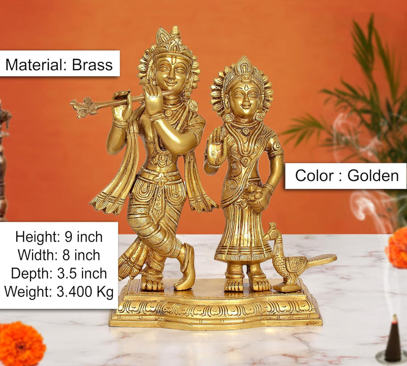 Brass Radha Krishna Idol with Peacock (Height 9 Inch)