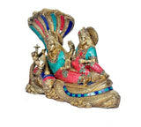 Brass Vishnu-Lakshmi idol side view on Shesh nag with blue red multicolor inlay