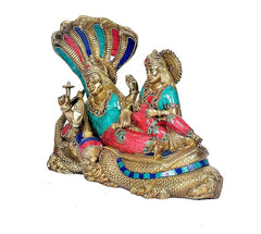 Brass Vishnu-Lakshmi idol side view on Shesh nag with blue red multicolor inlay