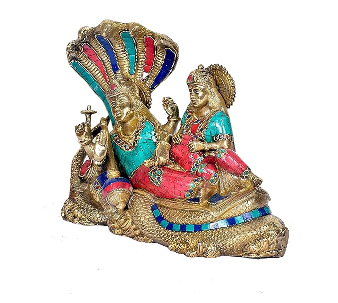 Brass Vishnu Lakshmi Idol Vishnu Lakshmi Sitting on Shesh Naag Height 10 Inch