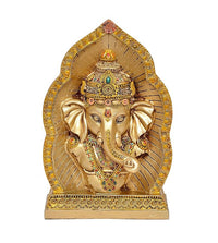 Resin Lord Ganesha idol close-up, gold finish with jeweled details, front