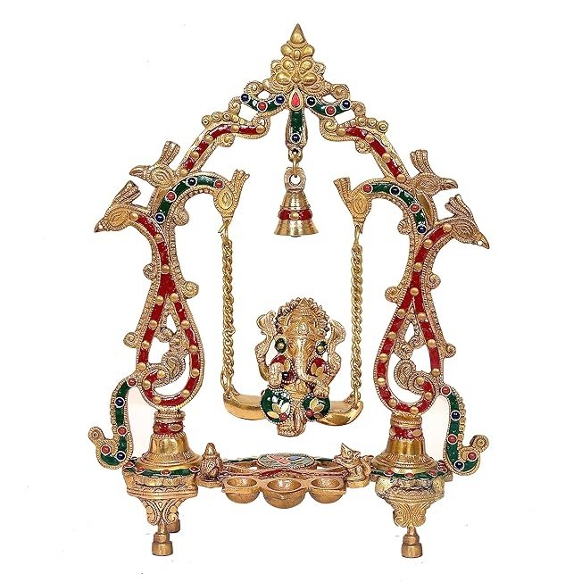 Brass Ganesha swing statue with colorful red and green accents, hanging bell and chains