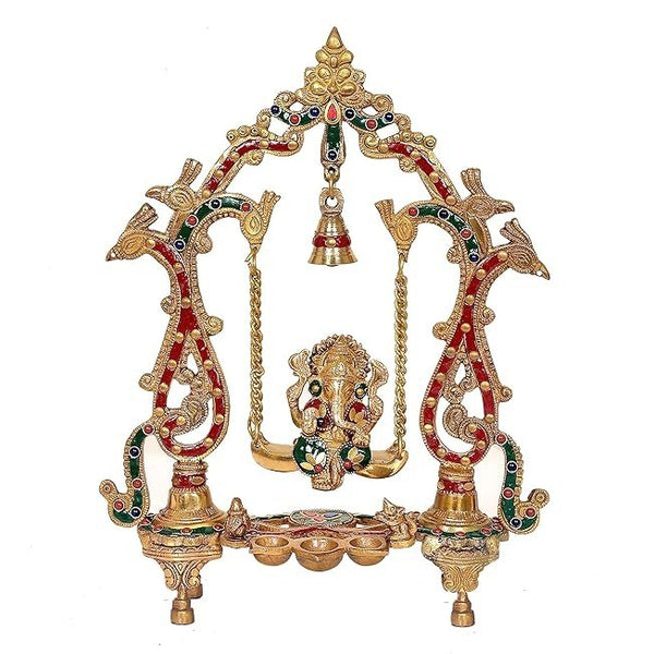 Brass Ganesha Swing Statue with Diya Statue Swing Ganesh Idol, Jhula Ganesh Murti (Height: 14 Inches)