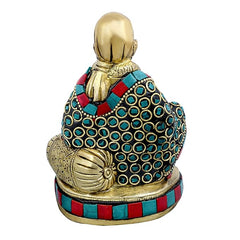 Sai Baba brass idol back view, multicolour circular inlay on robe