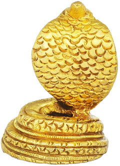 Gold brass snake figurine for Shiva Lingam, angled view of coiled hood and tail