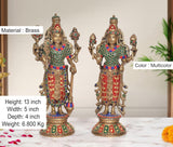 Brass religious murtis of Maa Lakshmi and Vishnu, multicolor detailing, front view