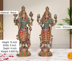 Brass religious murtis of Maa Lakshmi and Vishnu, multicolor detailing, front view