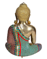 Rear view brass Buddha idol, seated position, multicolor beaded robe with teal and red details