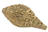 Brass shankh wall hanging, angled view with engraved Durga Ma and attendants
