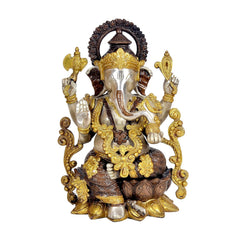 Brass Lord Ganesha idol, multicolour, seated with four arms and ornate crown