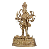 Maa Kali brass idol showpiece, side view with four weapons, engraved pedestal