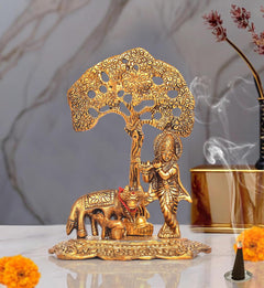 Metal Krishna with cow idol figurine, tree canopy stand, flute pose, 6 inch