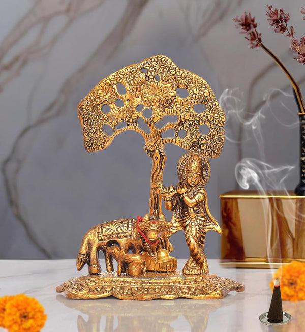 Metal Lord Krishna with Cow Idol Figurine Sculpture Playing Flute Statue Decorative Showpiece, (Height 6 Inch) Mandir Setting