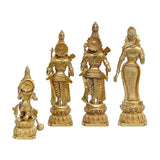 Back and side views of brass Ram Darbar idols, four figures in ornate attire, 12-inch