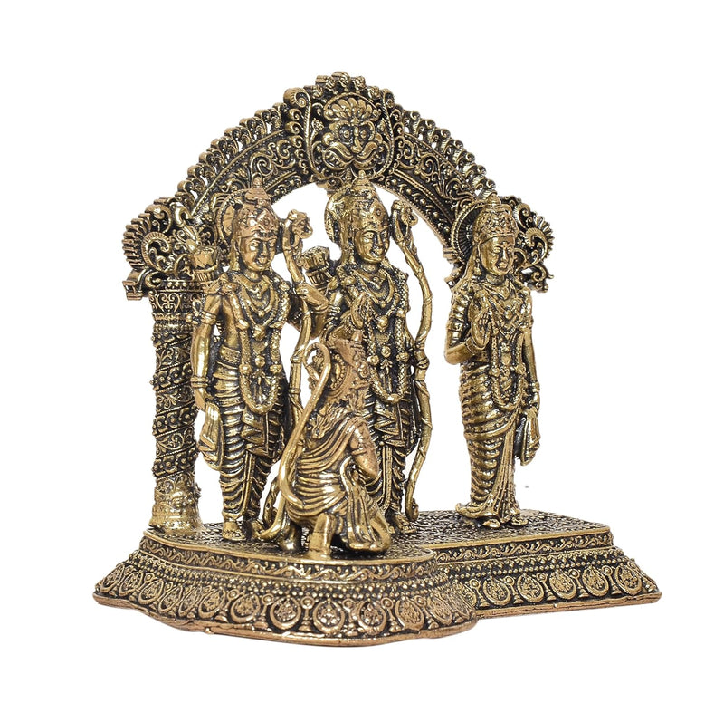 Bronze Ram Darbar with Sita Lakshman Hanuman on Carved Frame with Kirtimukha Bronze Finish Statue, for Home Decor Pooja Mandir (Height 4 inch)