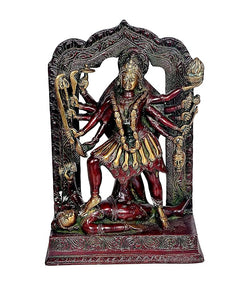 Kali Mata idol statue with Shivji, arched back, dark brass tone, red-and-gold details