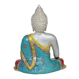 Brass Buddha idol rear/side view, turquoise mosaic robe with gold trim, seated base