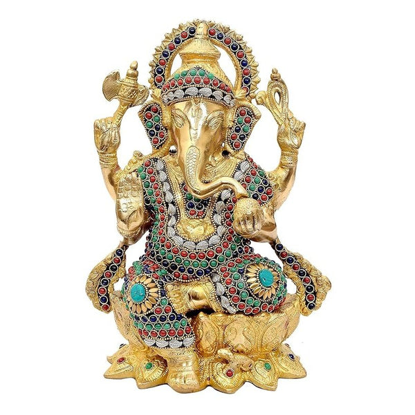 Brass Ganesha Statue Murti On Lotus for Home Decor | Multicolor | Height : 12 inches