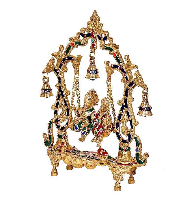 Brass Radha Krishna Statue with Diya's Statue Idol Jhula Ganesh Murti (Height: 14 Inches)