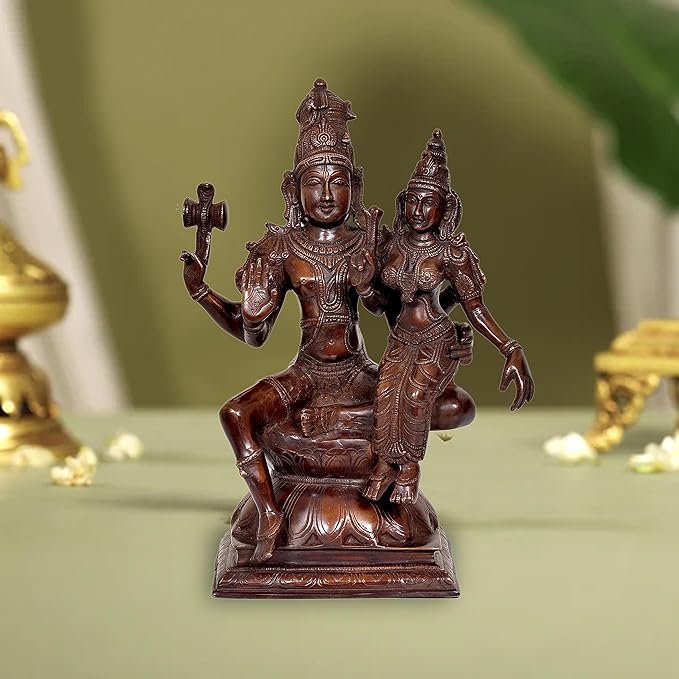 Lord Shiva and Parvati Sitting on Lotus Asan Golden in Brass Statue for Puja (Height: 15.2 Inches)