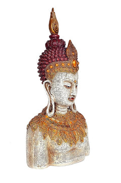 Polyresin Buddha bust side view, maroon jeweled crown and gold patterned collar
